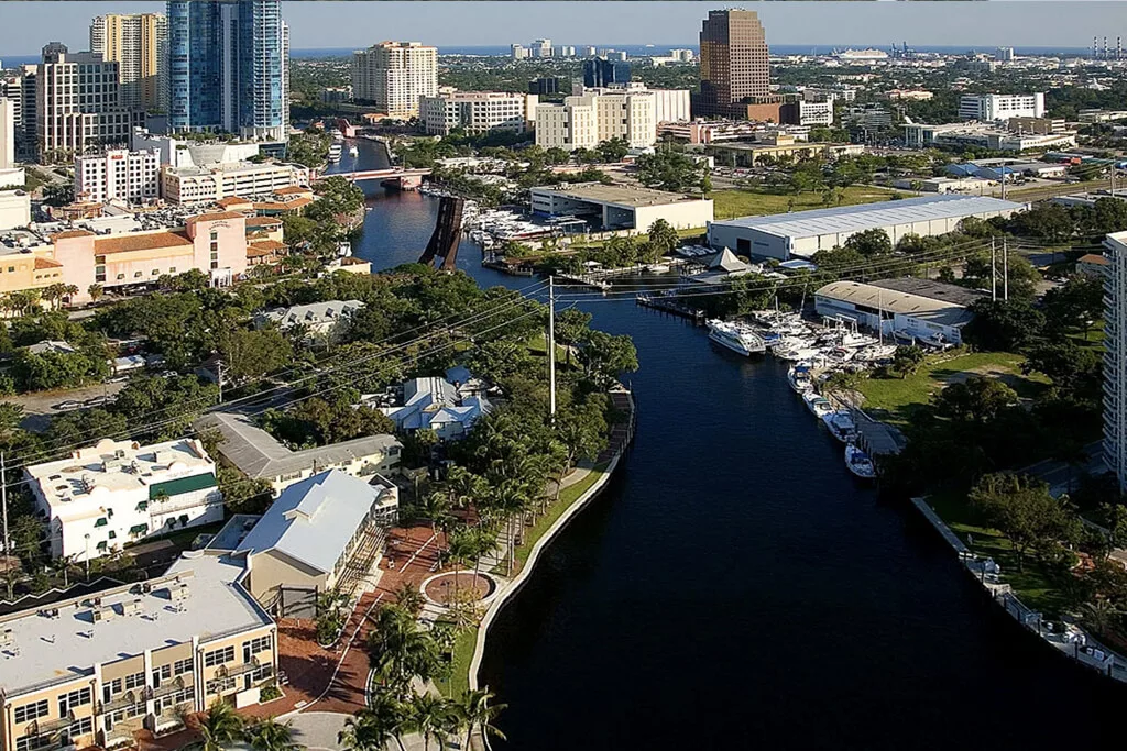 Aerial view of riverwalk and entertainment district